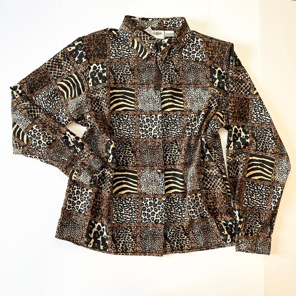 Vintage 80's Collared Blouse Brown Animal Print Button Down Yves St. Clair - Picture 1 of 6